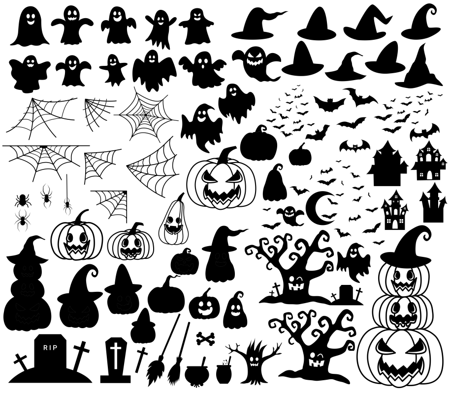 Actual contact sheet of the 72 Halloween SVG designs
