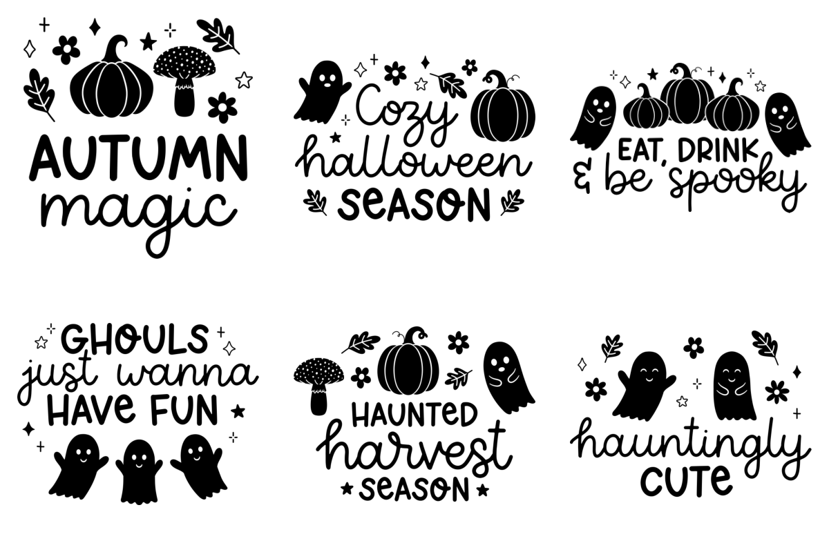 Six actual Cozy Halloween lettering designs included in the Mega Bundle