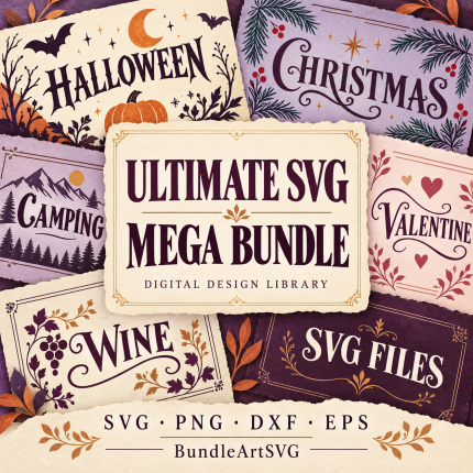 Ultimate SVG Mega Bundle cover with seasonal design categories